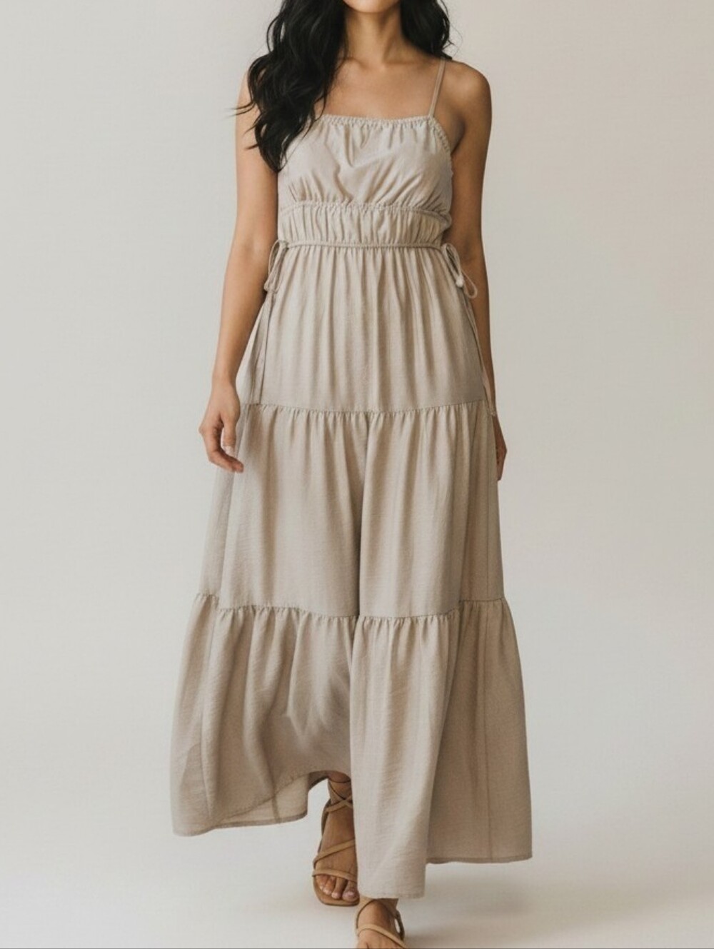 Blu Pepper Taupe Tiered Maxi Dress with Spaghetti Straps - Picture 1 of 8